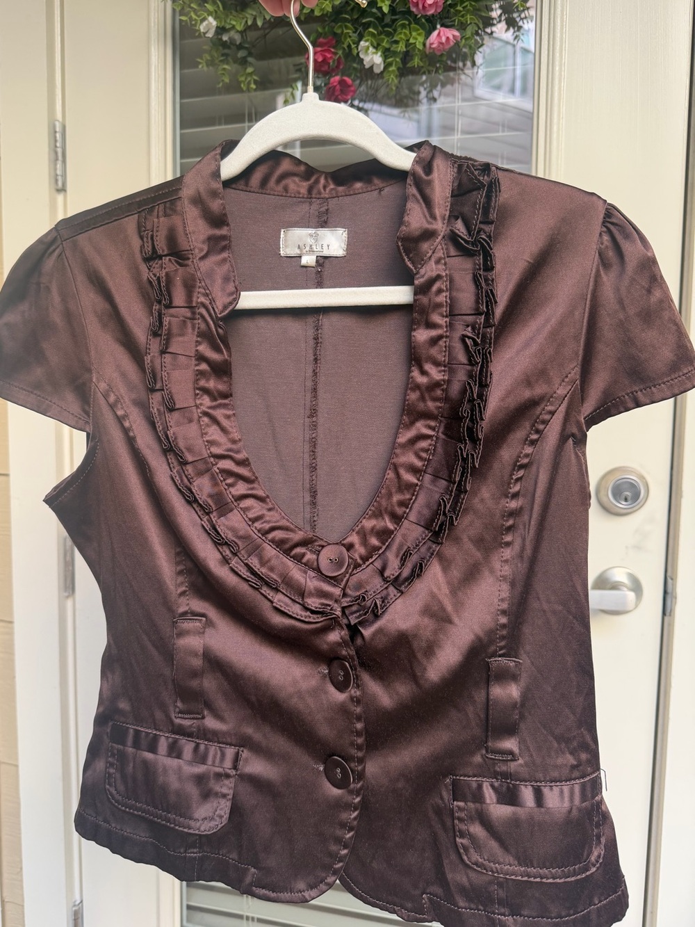 Satin Chocolate Brown Ruffled Blouse Jacket